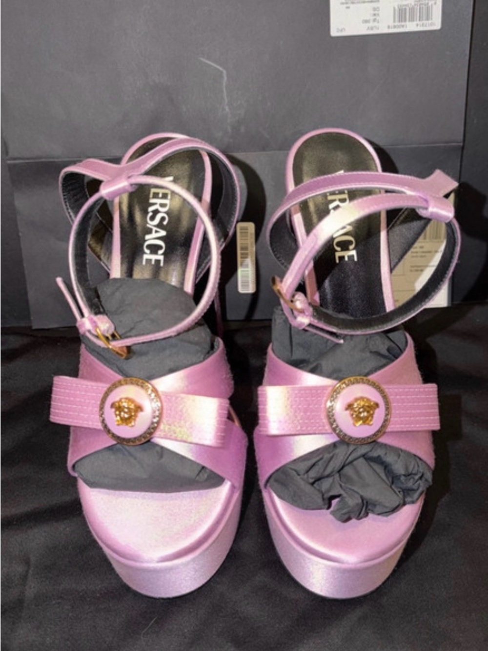 Versace Lavender Satin Platform Sandals with Medusa Crest